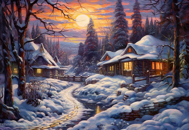 木屋亮灯寒冷冬天雪地月光星空森林里的小河小路插画,插画/手绘图,插画/手绘图库,插画/手绘图下载,插画/手绘